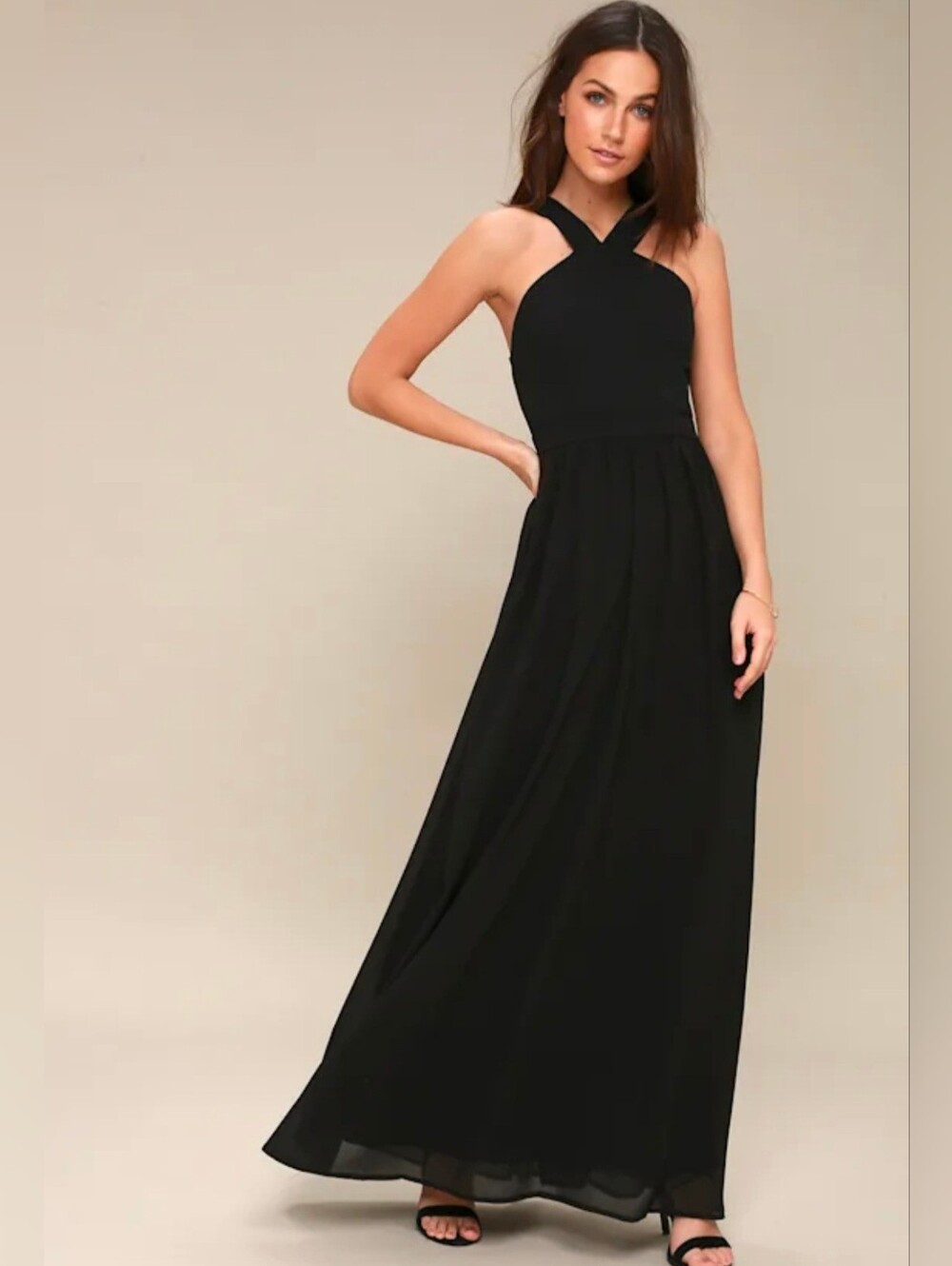 Lulus Black Air of Romance Halter Neck Chiffon Maxi Dress